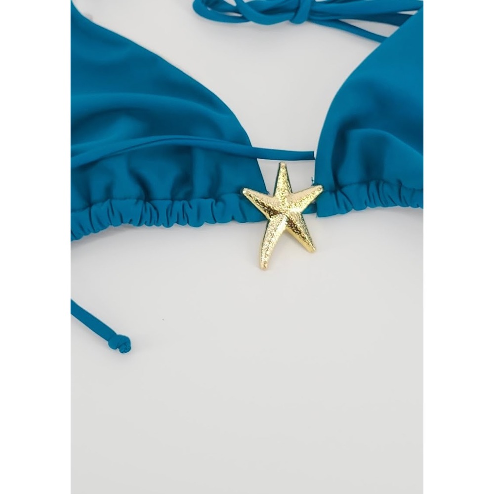 Teal Blue Starfish Triangle Bikini Top Gold Nautical Halter Swimwear Large - Picture 3 of 4